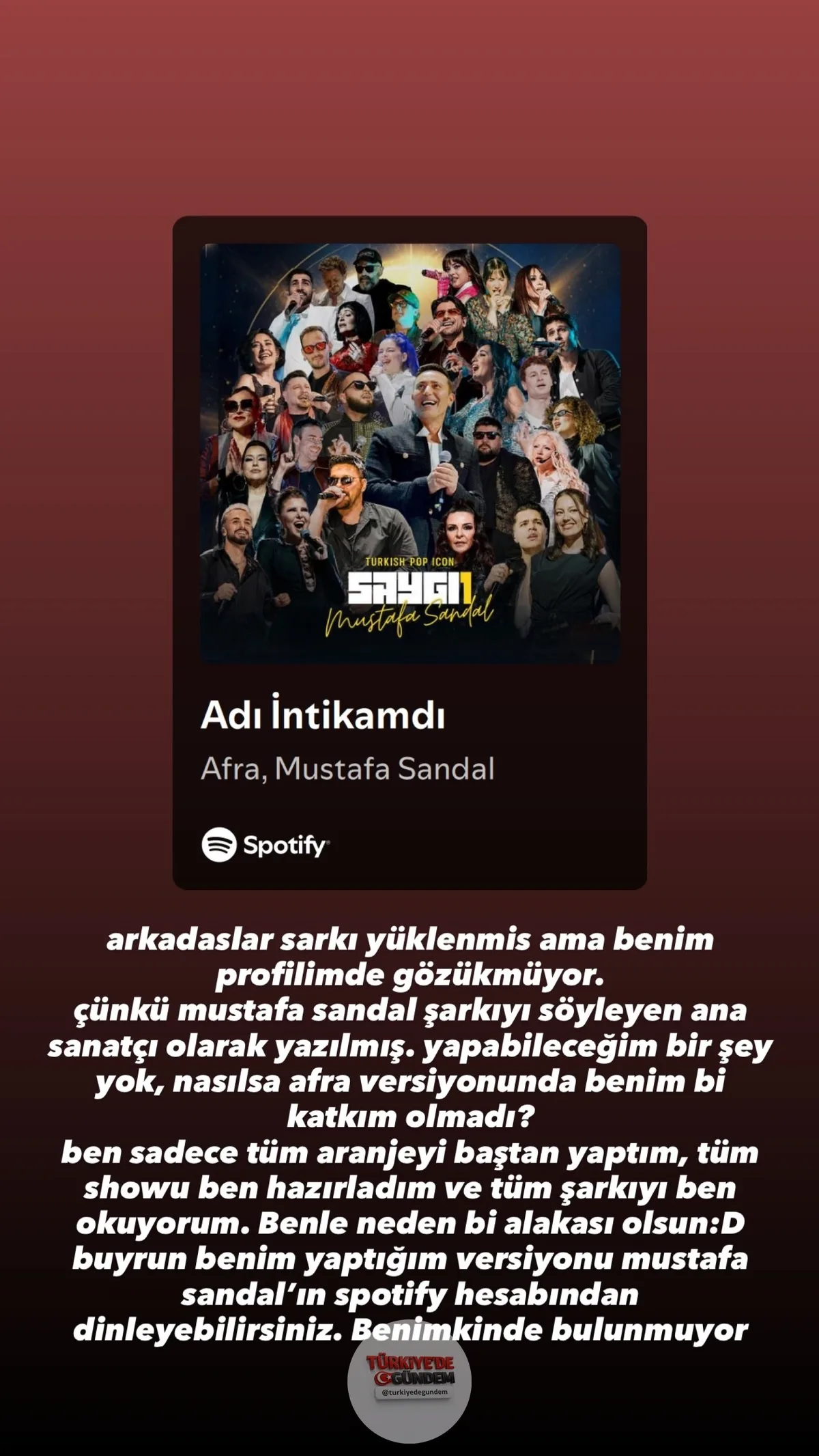 SAYGI1 kapsamında Mustafa Sandal şarkılarının seslendirildiği gecede, eserleri aranje edip yorumlayan sanatçılar Elif Afra Kılıç ve Sefo, şarkıların Sandal tarafından yalnızca kendi Spotify profilinde paylaşılmasına tepki gösterdi. "Biz kimiz ki"