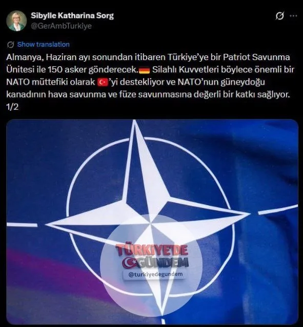 Almanya, Haziran sonundan itibaren Türkiye'ye bir Patriot hava savunma sistemi ve 150 asker gönderecek