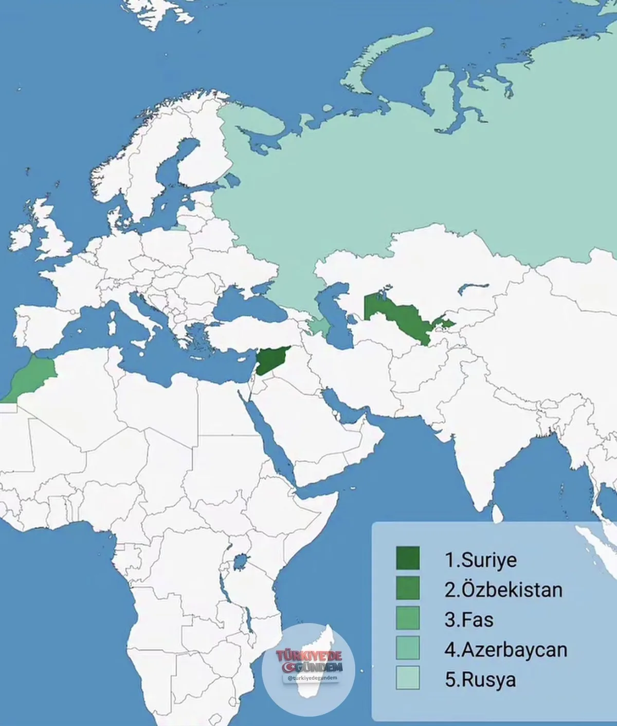 Türk erkeklerinin ve kadınlarının en çok hangi ülke vatandaşlarıyla evlendiğine dair istatistikler; Erkekler: 1- Suriye 2- Özbekistan 3- Fas 4- Azerbaycan 5- Rusya Kadınlar: 1- Suriye 2- Almanya 3- Afganistan 4- Avusturya 5- Azerbaycan
