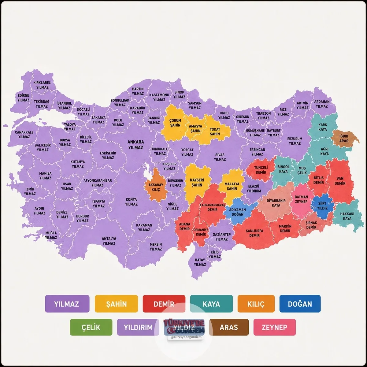 1-) 📰 İllere Göre En Çok Kullanılan Soyisimler: Adana — Demir Adıyaman — Doğan Afyonkarahisar — Yılmaz Ağrı — Kaya Aksaray — Kılıç Ankara — Yılmaz Amasya — Şahin Antalya — Yılmaz Ardahan — Yılmaz Artvin — Yılmaz Aydın — Yılmaz Balıkesir — Yılmaz Bart