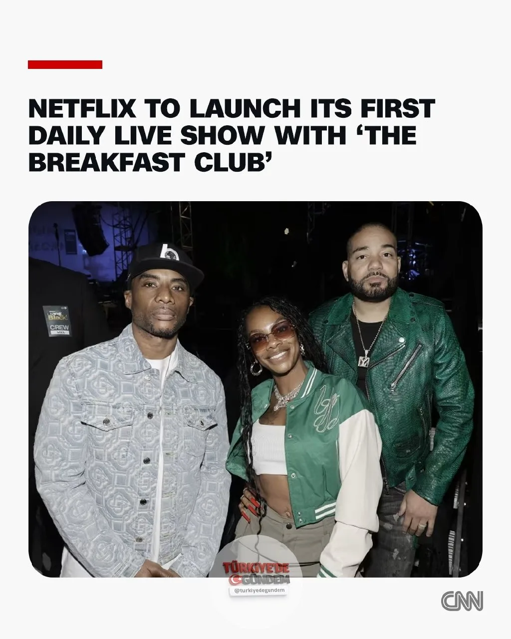 Netflix, Charlamagne Tha God, DJ Envy ve Jess Hilarious'un sunuculuğunu üstlendiği popüler iHeartMedia sabah programı "The Breakfast Club"ın, 1 Haziran'dan itibaren hafta içi her gün Netflix'te canlı olarak yayınlanacağını duyurdu.