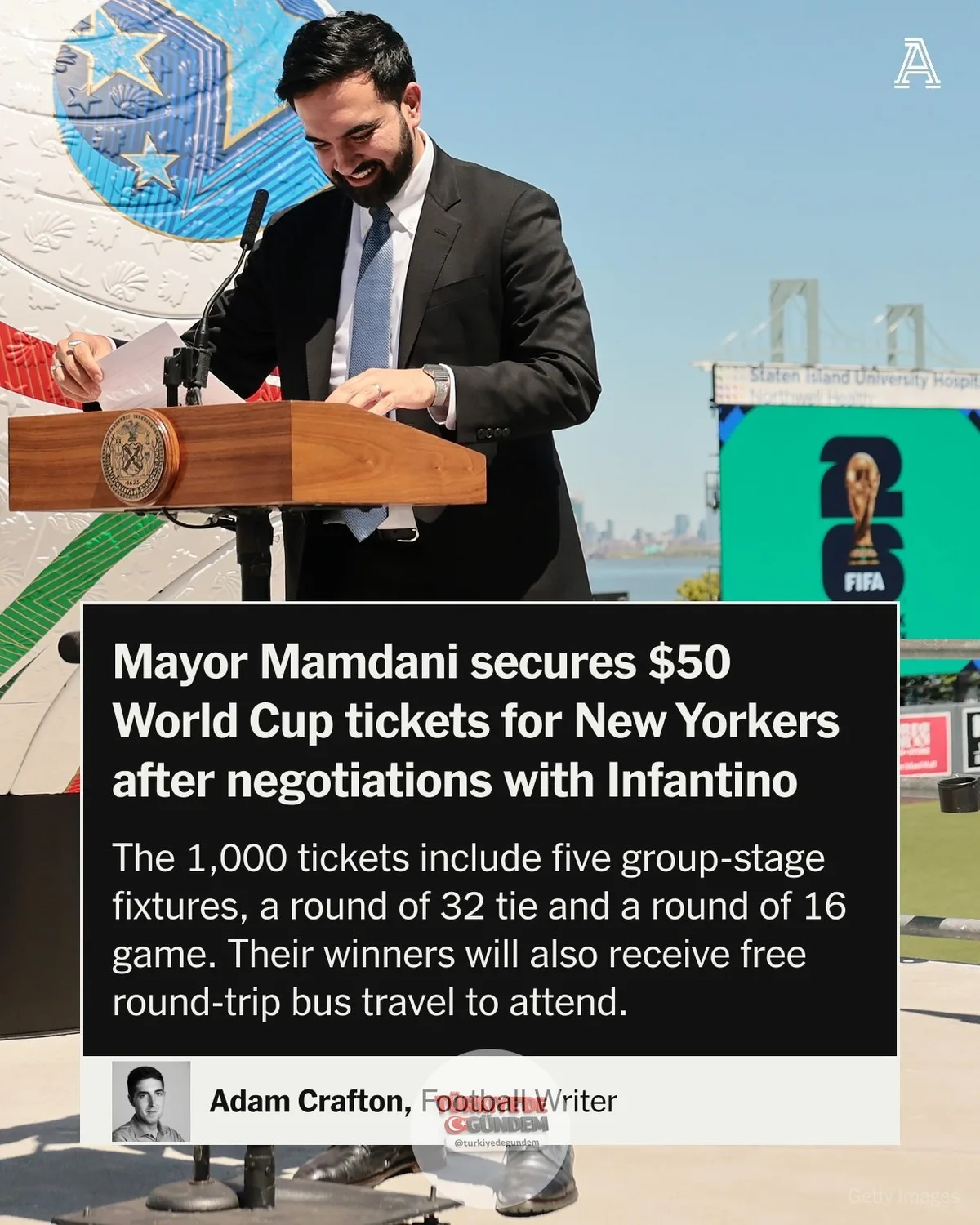 New York Belediye Başkanı Zohran Mamdani, FIFA Başkanı Gianni Infantino ile yürüttüğü müzakereler ve eski Arsenal teknik direktörü Arsene Wenger ile gerçekleştirdiği FaceTime görüşmesinin ardından, MetLife Stadyumu'nda oynanacak Dünya Kupası maçları