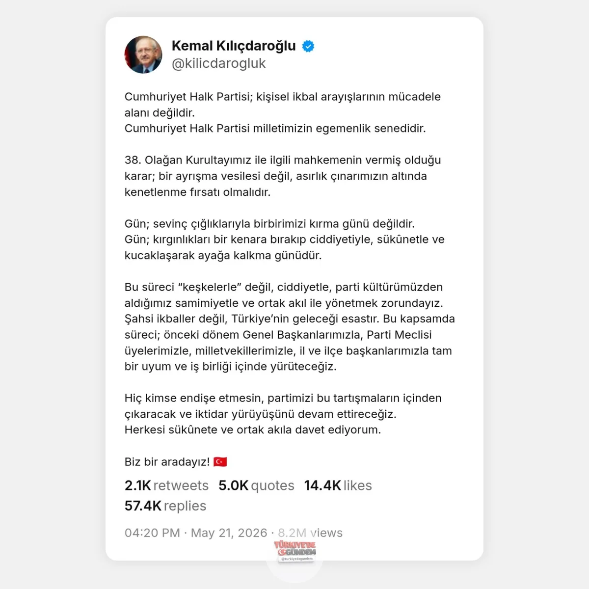 Kemal Kılıçdaroğlu'nun paylaşımı 57 bin yorum aldı.