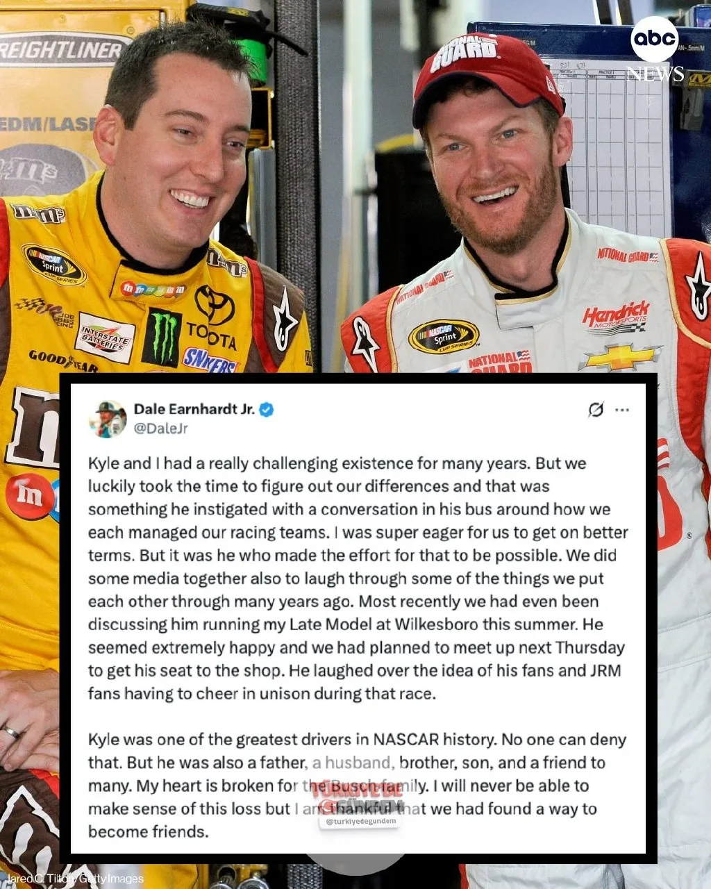 41 yaşında hayatını kaybeden NASCAR şampiyonu Kyle Busch için taziye mesajları yağıyor. İki kez NASCAR Cup Serisi şampiyonluğu kazanan Busch, kendi neslinin ve NASCAR tarihinin en büyük sürücülerinden biri olarak kabul ediliyordu.