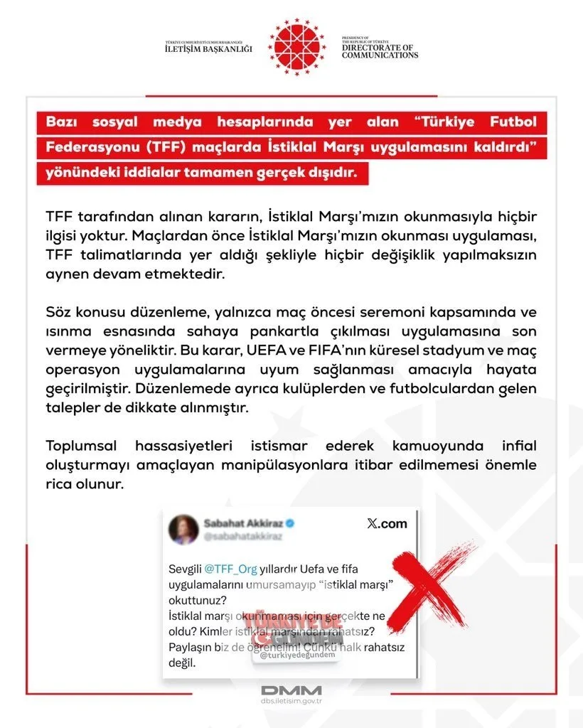 İletişim Başkanlığı, “TFF maçlarda İstiklal Marşı uygulamasını kaldırdı" iddiasını yalanladı