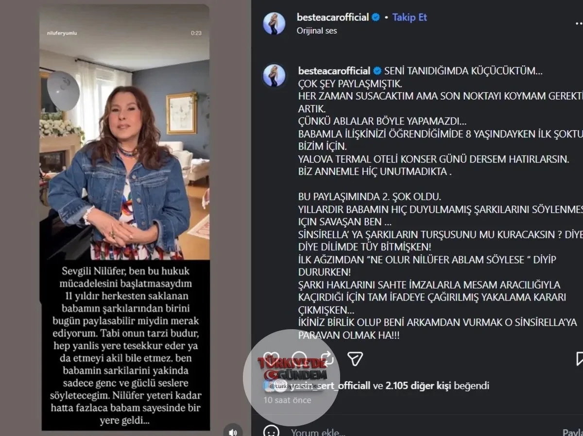 Kayahan’ın daha önce yayınlanmamış bir şarkısını seslendiren Nilüfer’e, Kayahan’ın kızı Beste Açar, tepki gösterdi. "Seni tanıdığımda küçücüktüm.Her zaman susacaktım ama son noktayı koymam gerek artık. Çünkü ablalar böyle yapamazdı. Babamla ilişkiniz