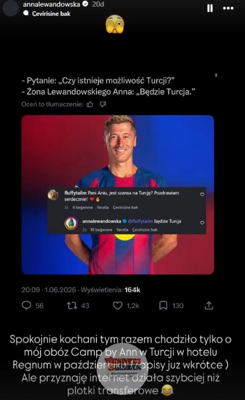 Lewandowski'nin eşi Anna: "Sakin olun. Sadece ekim ayında Türkiye'de düzenlenecek 'Camp by Ann' etkinliğinden bahsediyordum."