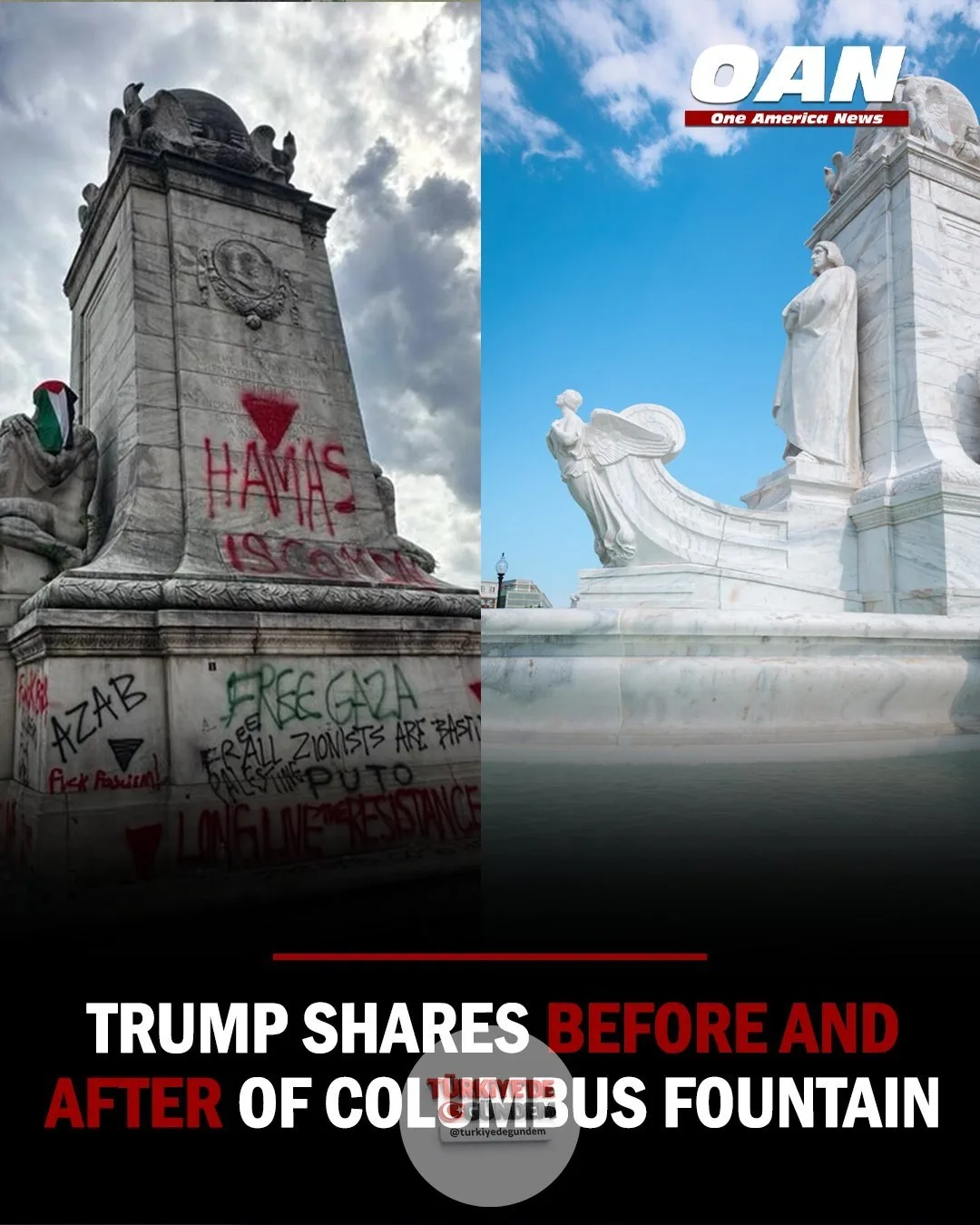 Başkan Trump, Columbus Çeşmesi'nin Biden döneminde uğradığı tahribat sonrası hali ile bugünkü görünümünü paylaştı. Başkan, "Çeşme 100 yıldan uzun bir süre önce, 1912'de hizmete açılmıştı. 2007'de çalışmayı durdurduktan sonra Obama ve Biden çeşmenin d
