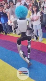 Çin'de mavi palyaço peruğu takan bir robot, küçük bir çocuğa tekme atarken görüntülendi.