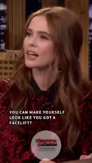 Oyuncu Zoey Deutch'un "estetik operasyon geçirmiş yüz" taklidi.