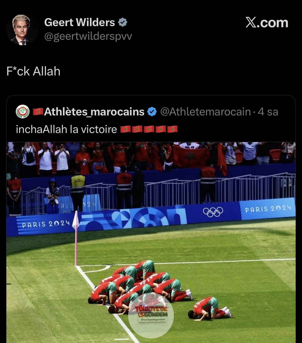 Yobaz ve gerici siyasetçi Geert Wilders, gol sonrası secdeye giden futbolcuları hedef alarak Allah'a hakaret etti.