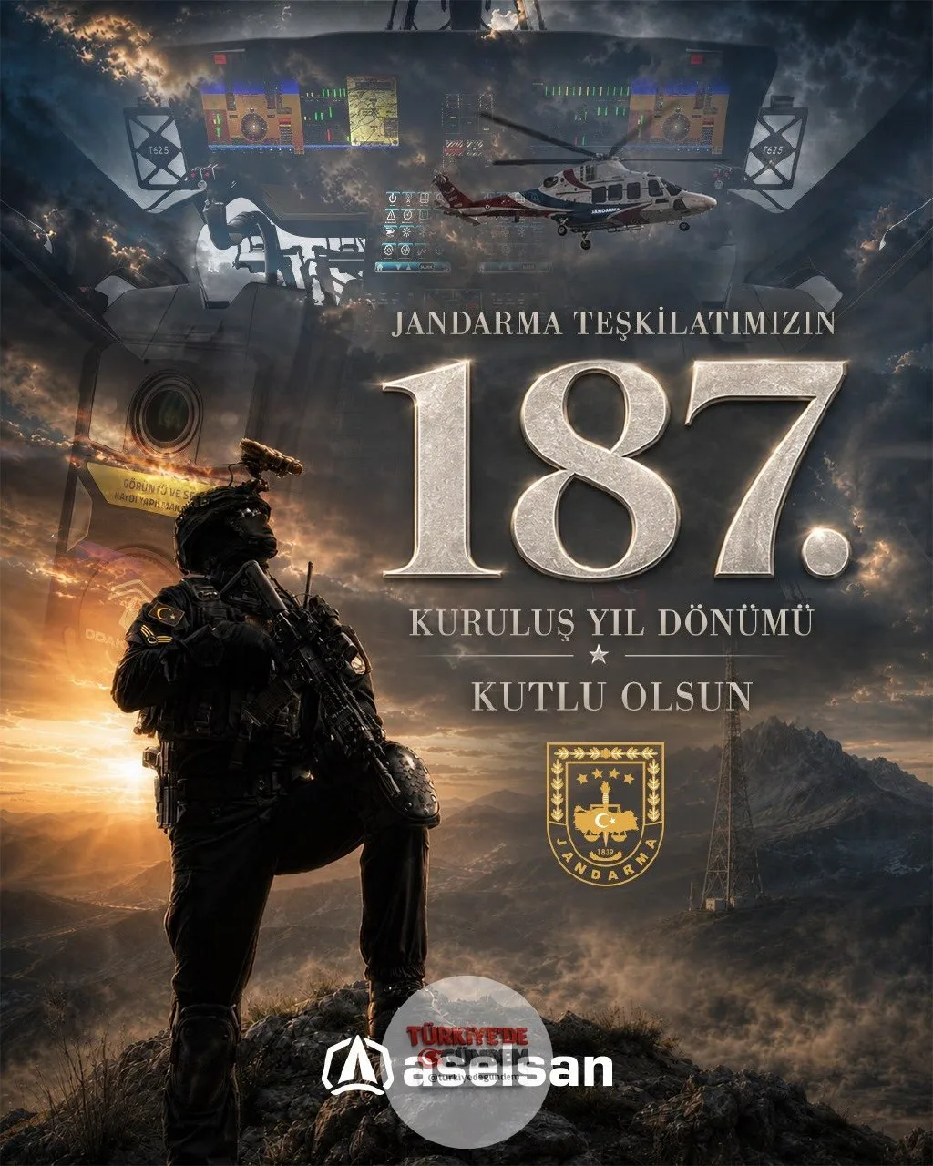 Oyun değiştiren teknolojilerimizle gururla desteklediğimiz Jandarma Teşkilatı'nın kuruluş yıl dönümü kutlu olsun. Milletimizin huzuru ve güvenliği için fedakârca görev yapan tüm personelimize teşekkür ediyor, aziz şehitlerimizi rahmetle, kahraman gaz