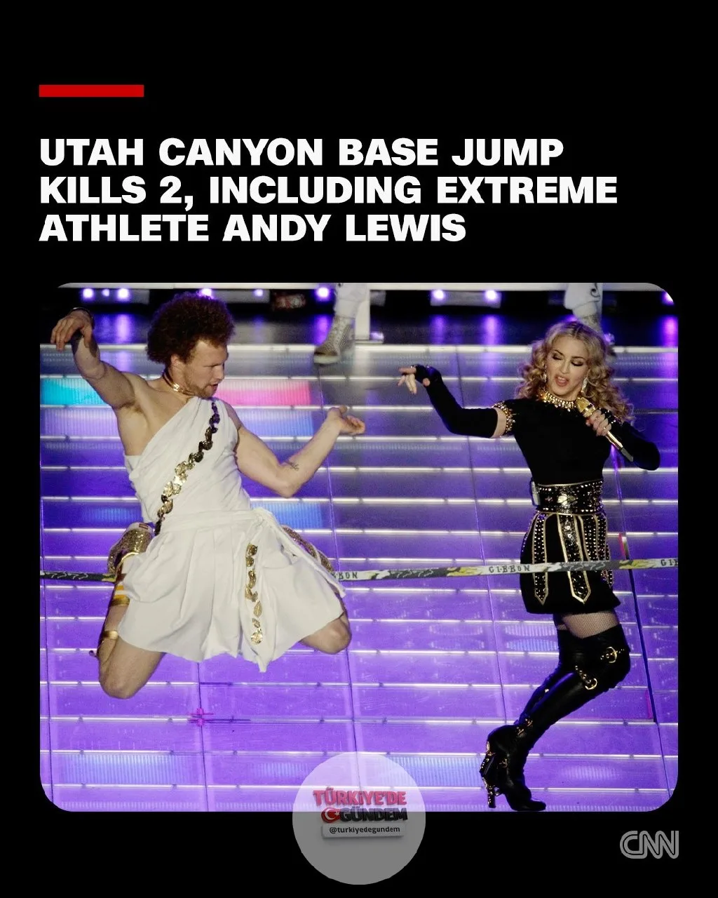 Utah'ta bir kanyonda hafta sonu yaşanan BASE atlayışı kazasında iki kişi hayatını kaybetti. Yetkililer, ölenlerden birinin 2012 Super Bowl'da Madonna ile sahnede gösteri yapmasıyla tanınan gözüpek bir sporcu olduğunu bildirdi.