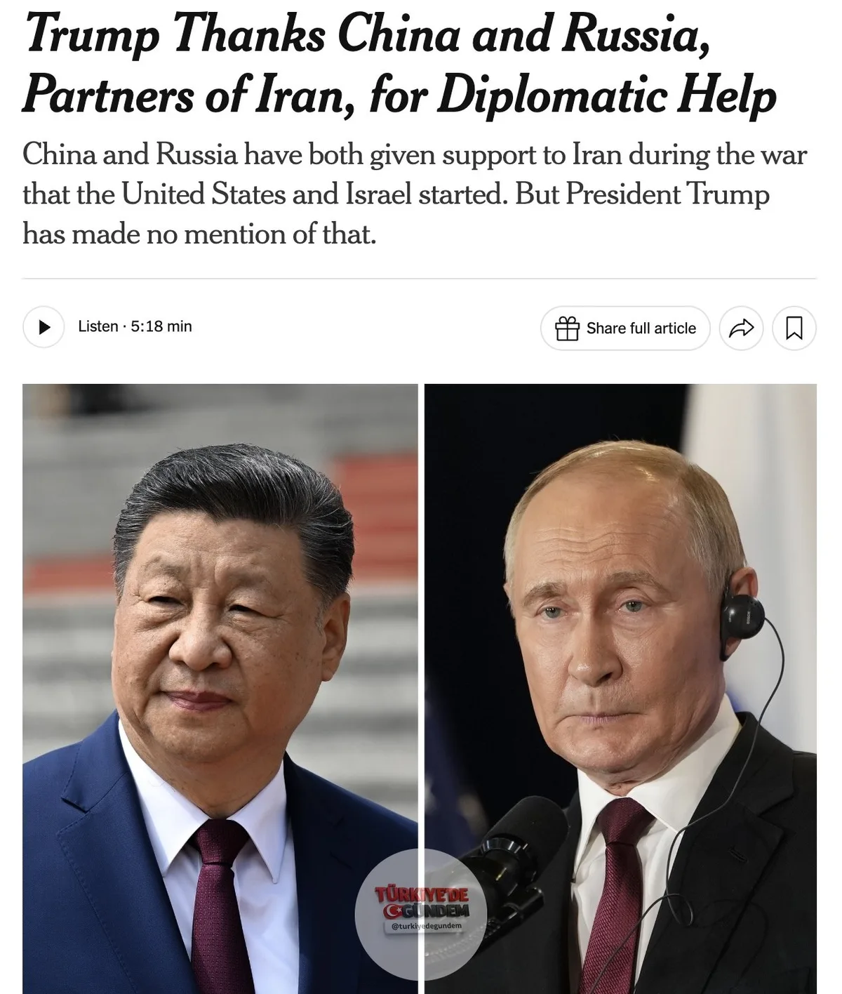 GÜNCEL: Trump, New York Times'a verdiği röportajda ABD ve İran arasında ateşkes anlaşması sağlanmasına yardımcı oldukları için Xi ve Putin'e övgüde bulundu. Trump'ın değinmediği nokta ise şu: Dışişleri Bakanlığı, İran'a Çin menşeli silah gönderen şir