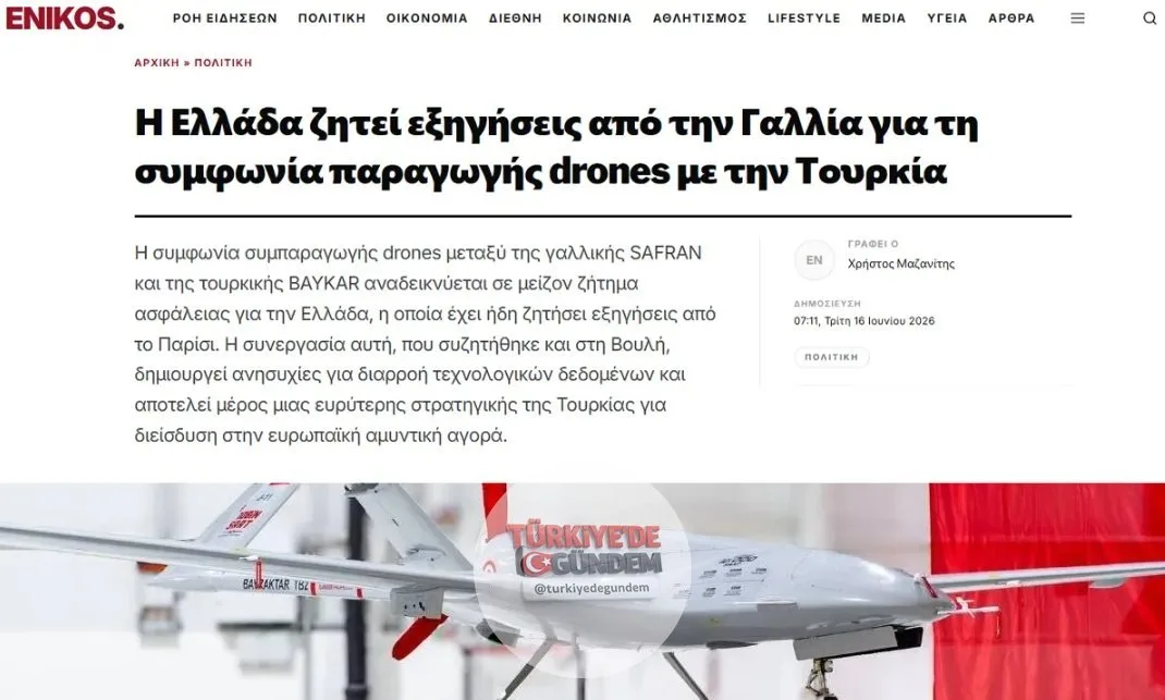 Yunan basını Enikos'un haberine göre; Fransız SAFRAN ile Türk BAYKAR arasındaki anlaşma, Yunanistan için büyük bir güvenlik endişesi yaratıyor. Atina yönetimi, bu gelişme üzerine Paris'ten açıklama talep etti. Türk-Fransız iş birliği, teknolojik veri