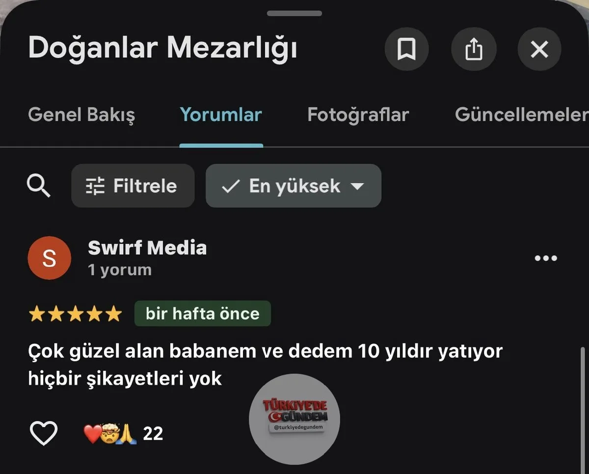 Google Haritalar'da bir mezarlık için yapılan yorum dikkat çekti.