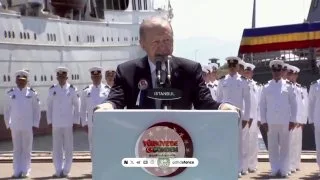 Cumhurbaşkanı Erdoğan: Şu anda 15'ten fazla dost ve müttefik ülkeye ihraç edilmek üzere 50'nin üzerinde savaş gemisi inşa ediyoruz. Milli uçak gemilerinden denizaltılara kadar farklı sınıflardaki platformları, yüzde 80'i aşan yerlilik oranıyla üretiy