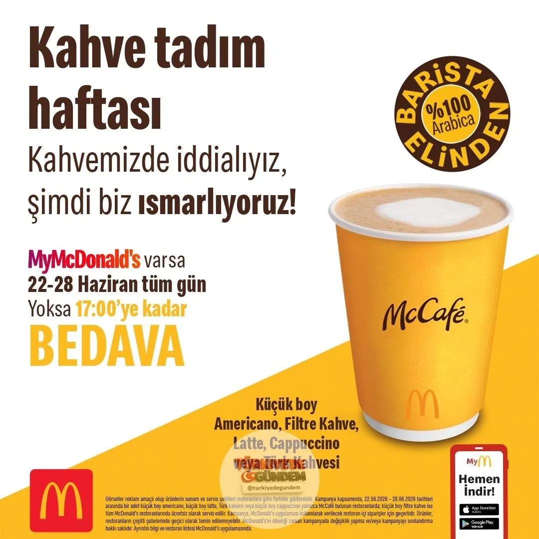 Hediye Kahve Haftası McDonald’s Türkiye’de yeniden başladı! 22-28 Haziran tarihleri arasında küçük boy Americano, filtre kahve, latte, cappuccino ve Türk kahvesi ücretsiz olarak alınabilecek.