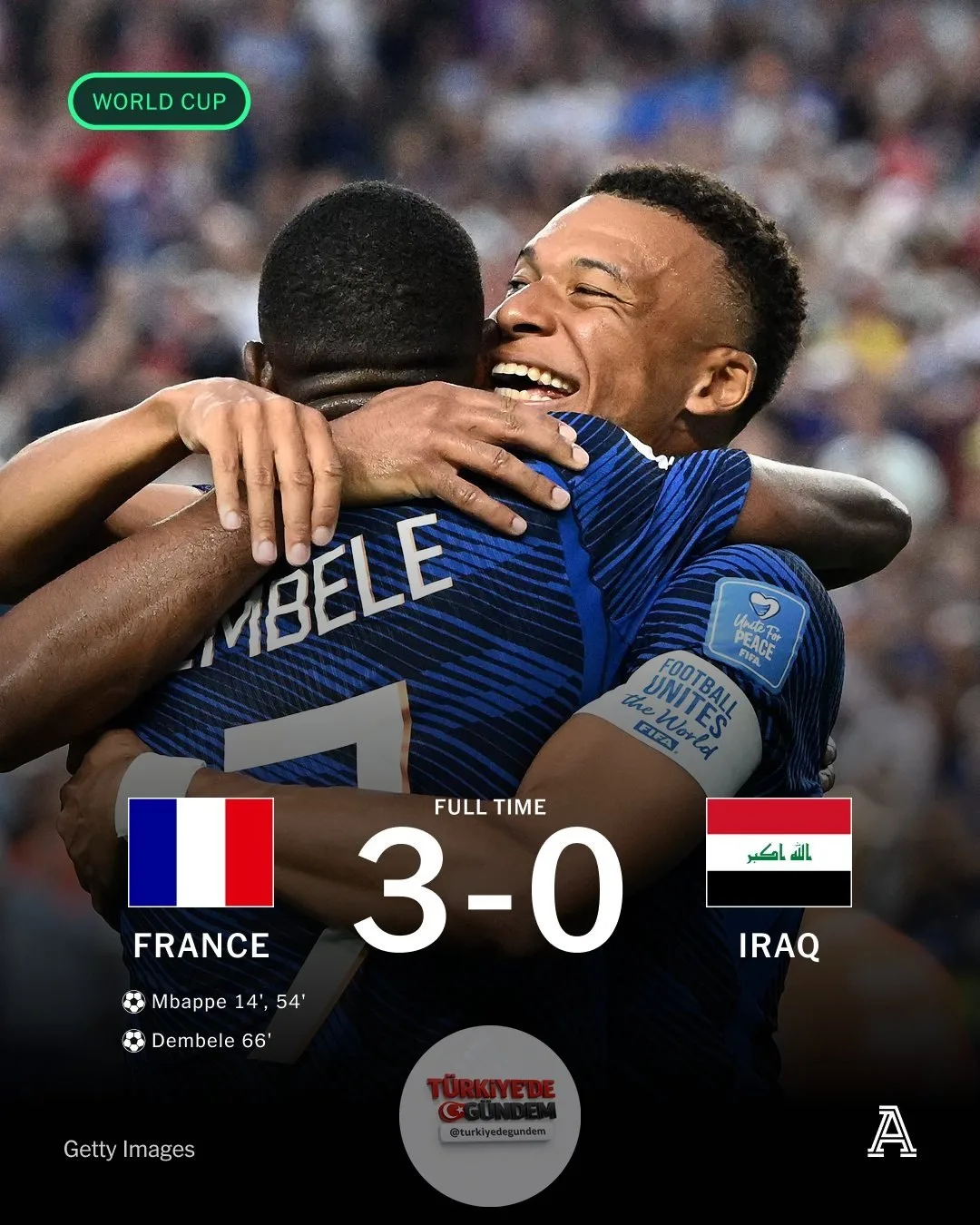 Fransa, Irak'ı rahat geçti. Kylian Mbappé'nin iki golü ve Ousmane Dembélé'nin büyük turnuvalardaki ilk golü, Didier Deschamps'ın öğrencilerine Philadelphia'da kolay bir galibiyet getirdi. Şiddetli hava koşulları nedeniyle ilk ve ikinci yarı arasında