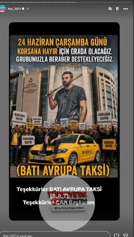 İstanbul Taksiciler Odası, yarın Çağlayan Adliyesi'nde görülecek Martı TAG davası öncesinde taksicilere çağrıda bulunurken, elinde beyzbol sopası tutan bir taksicinin yer aldığı bir görsel paylaştı.