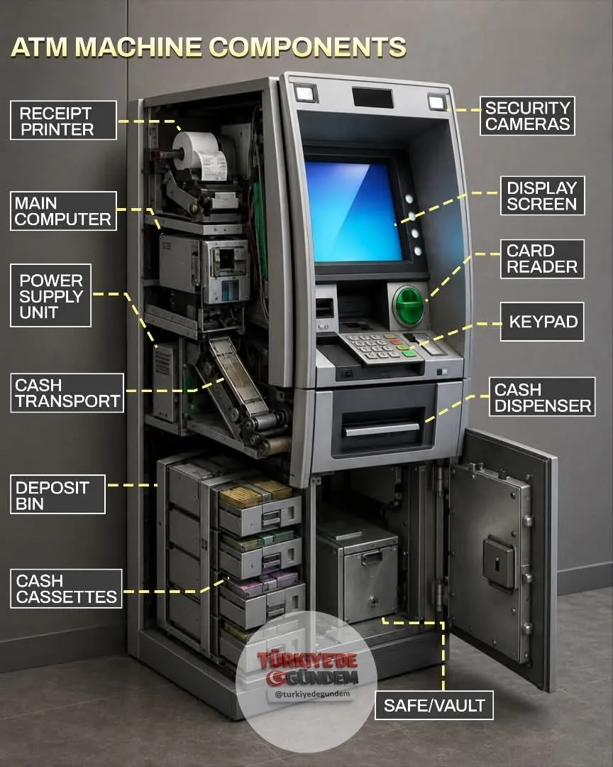 Bu kesit görünümü, modern bir ATM'nin iç bileşenlerini ve işlemlerin gerçekleştirilmesi için bu parçaların nasıl bir uyum içinde çalıştığını gözler önüne seriyor. Ekran, tuş takımı, kart okuyucu, makbuz yazıcısı, nakit taşıma mekanizması, para kasetl