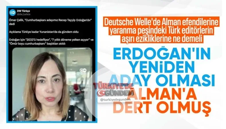 Alman basınından Deutsche Welle, AK Parti Sözcüsü Ömer Çelik'in "Cumhurbaşkanı adayımız Recep Tayyip Erdoğan'dır" açıklamasına duyduğu rahatsızlığı gizleyemedi. DW, Yunan manşetlerini kullanarak Cumhurbaşkanı Erdoğan'ı hedef aldı.