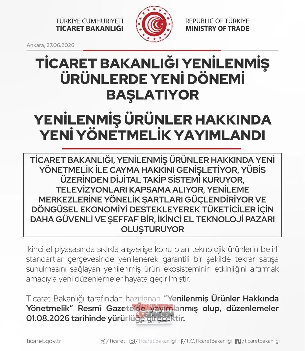 Ticaret Bakanlığı tarafından hazırlanan "Yenilenmiş Ürünler Hakkında Yönetmelik" Resmi Gazete'de yayımlandı: "Yeni düzenlemeyle yalnızca internet alışverişlerinde değil, fiziki olarak mağazalardan satın alınan yenilenmiş ürünlerde de tüketiciler 14 g